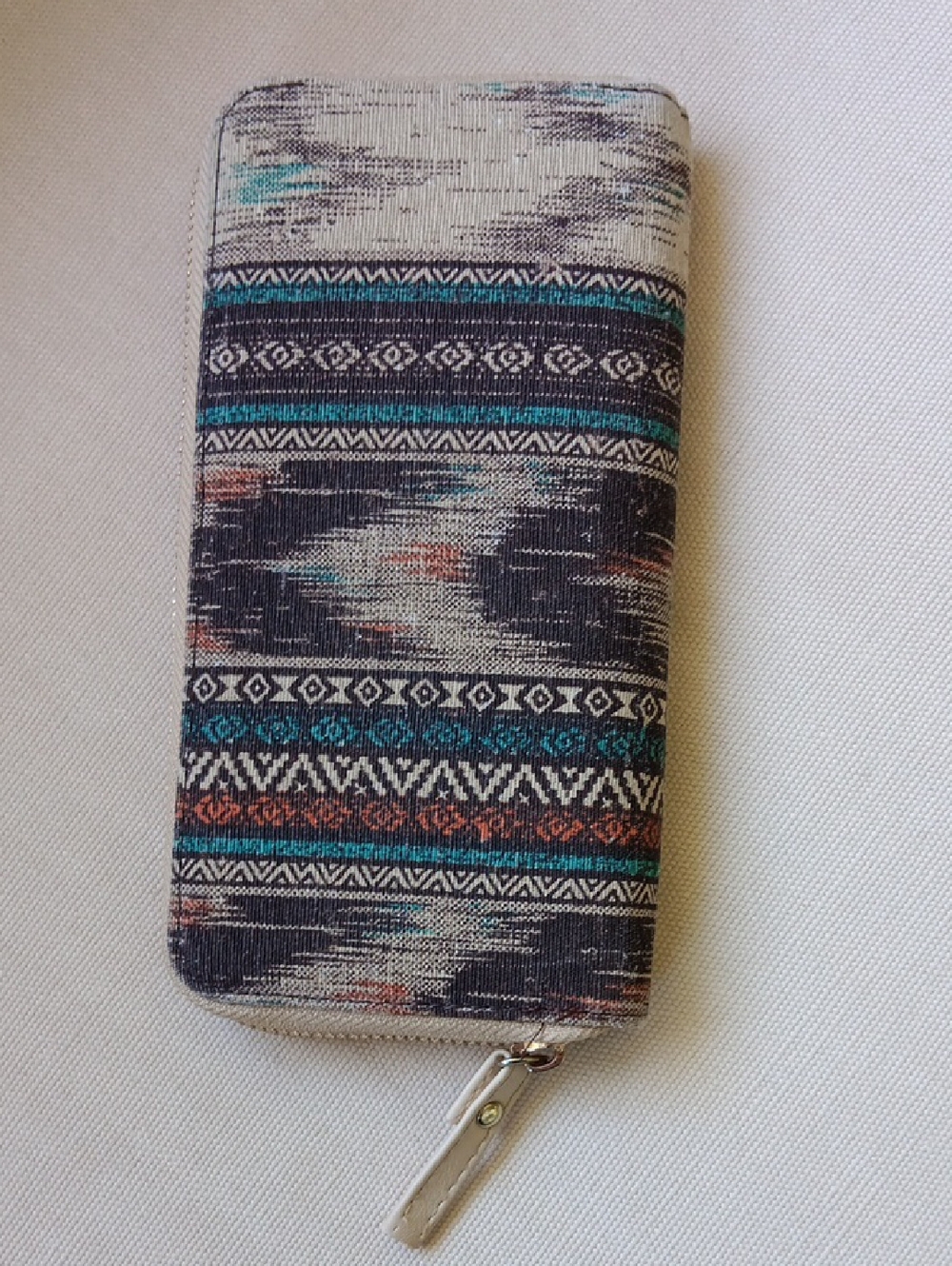 Boho Patterned Zip Clutch Wallet in Teal, Black & Rust